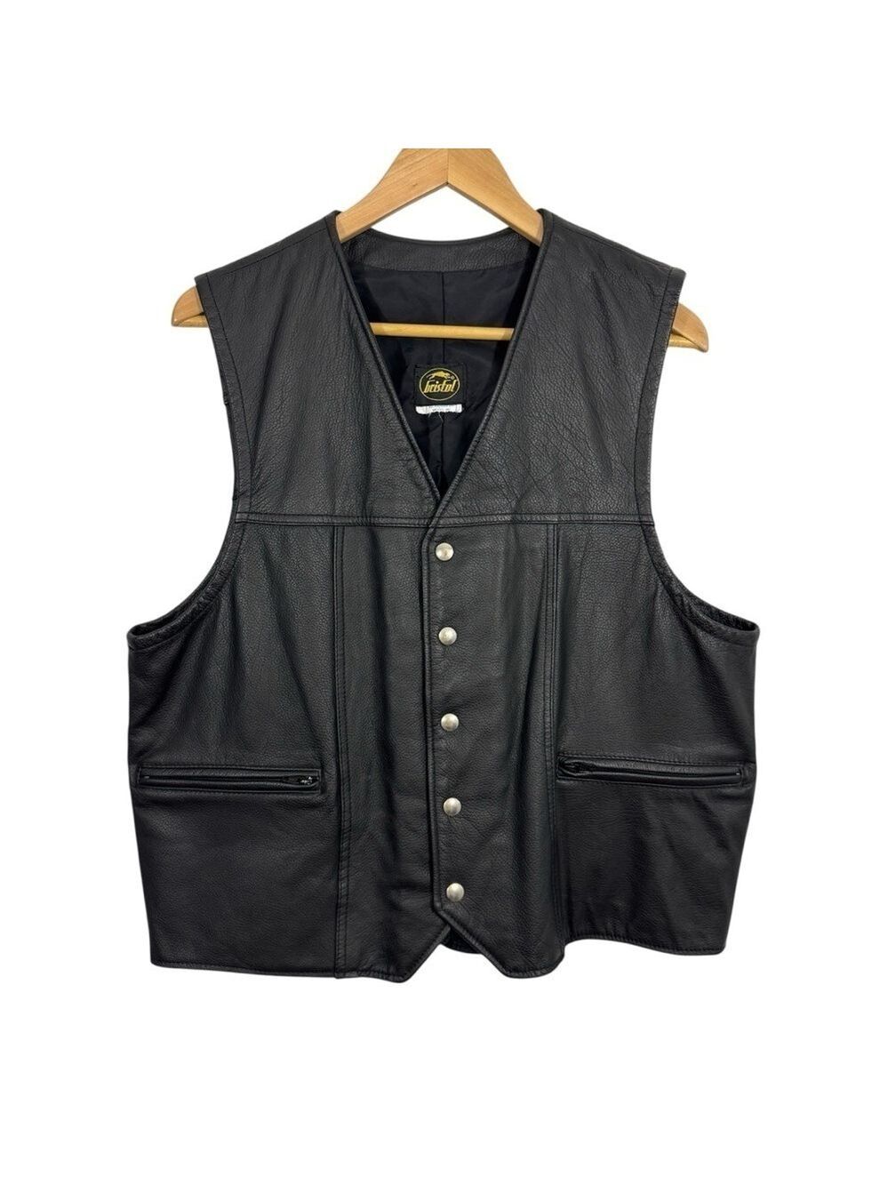 Bristol Genuine Leather Vest Mens L Black Snap Button Biker Grunge Moto EUC 3167